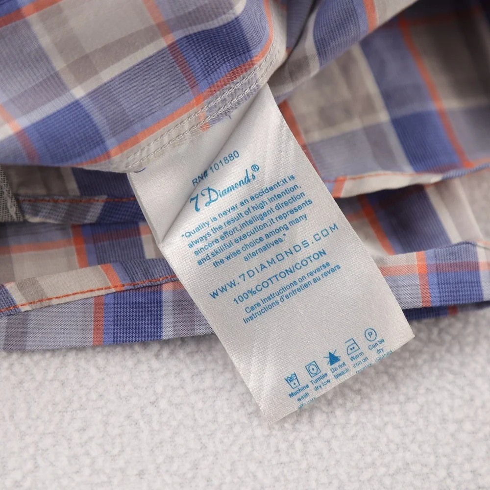 7 Diamonds Mens Large Blue Orange Plaid Pearl Snap Short‎ Sleeve Button Up Shirt